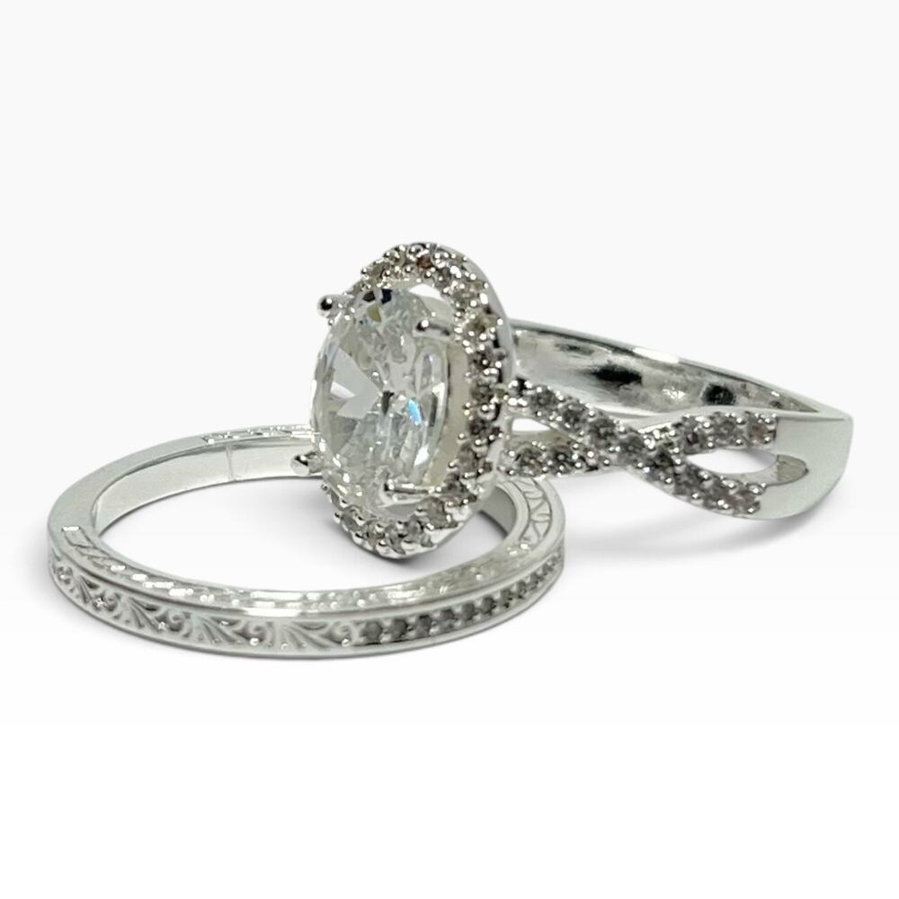 APSVO 2-Piece Costume Fashion Jewelry Engagement & Band Ring Size 7 Silver Tone